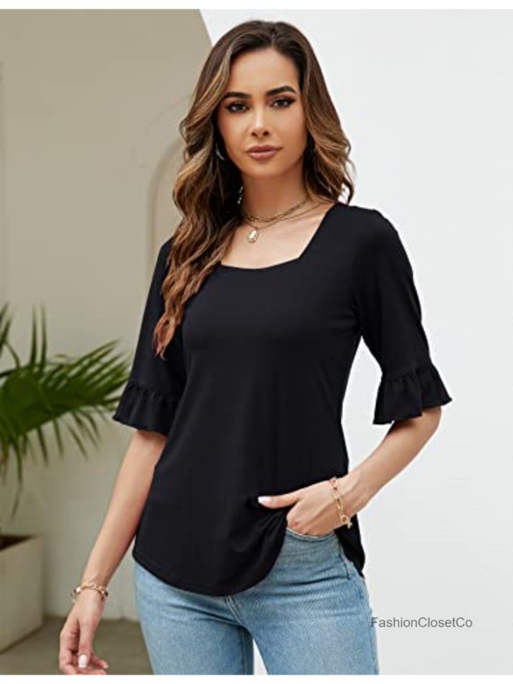 Women's Square Neck 3/4 Bell Sleeve Tunic Blouse Business Casual - Picture 2 of 6